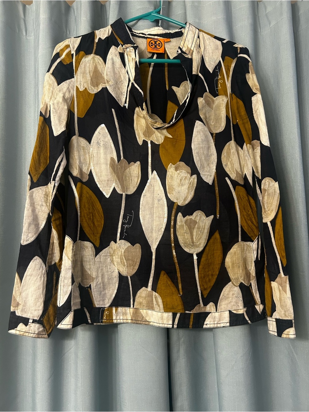 Tory Burch Black Tulip-Print Long Sleeve Top with Cream and Mustard Accents